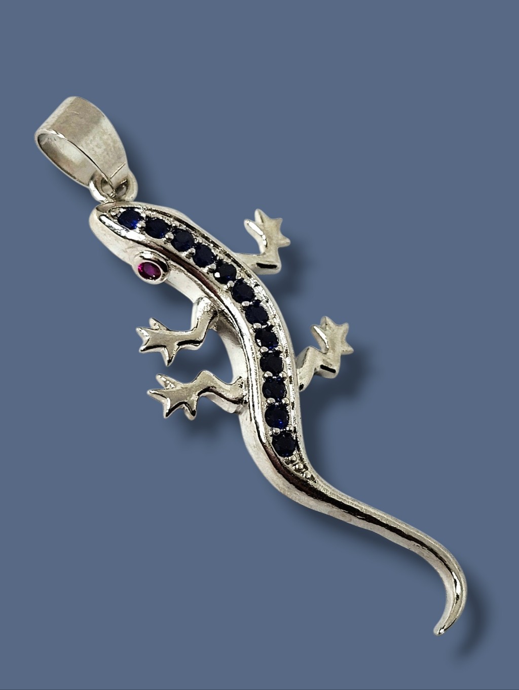 Silver Lizard Pendant With Blue Stones Reptile Size 2"